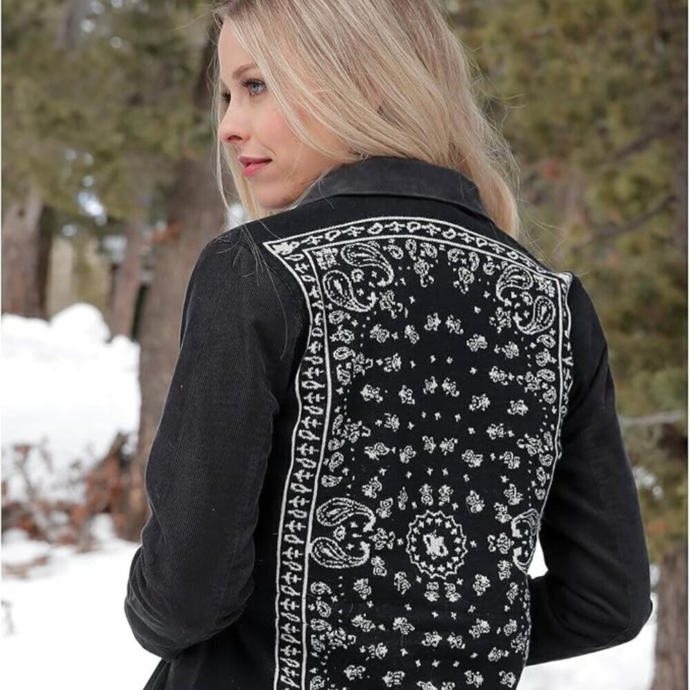 Cruel Denim Black & White Paisley Bandana Print Corduroy Cinch Chore Coat XS